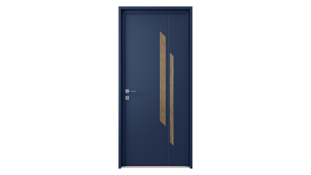 Porte d'entrée aluminium KALYMNOS Porte d'entrée bleu avec 2 décors effet bois